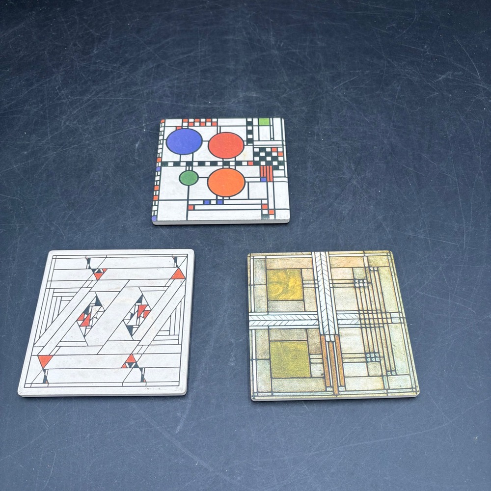 Frank Lloyd Wright Collection Ceramic Stone Coasters Set of 3 Geometric Art 4in